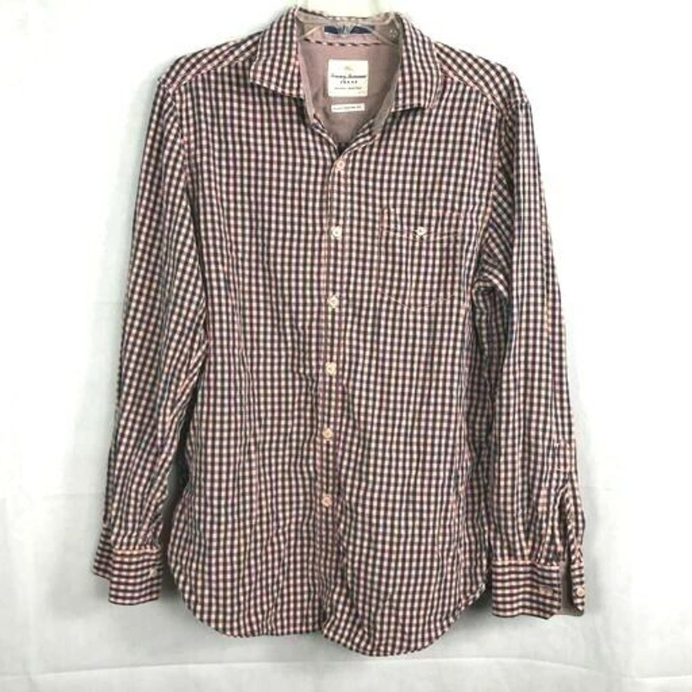 Tommy Bahama Shirt Men's Sz M Pink Navy Gingham Check Tencel Island Modern Fit